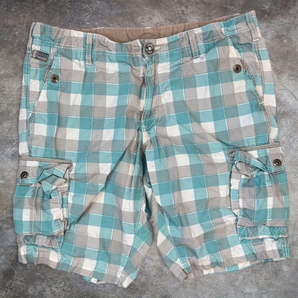 Vintage Blue Plaid Checkered Cargo Shorts Men's 36x11 Beachy Coastal Preppy Y2K
